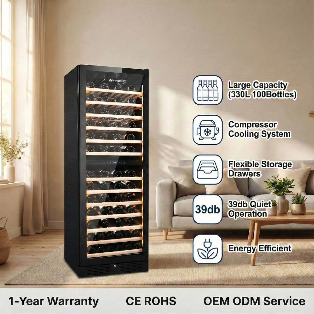 Cave à vin à compresseur double zone Vinopro 108 bouteilles 330L 40dB silencieuse pour hôtels, usage commercial et domestique
